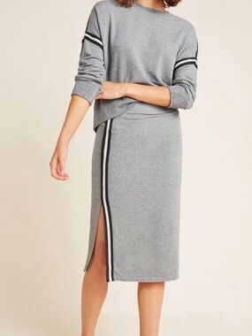 Gray Knit Midi Skirt and sweatshirt with Side Stripe